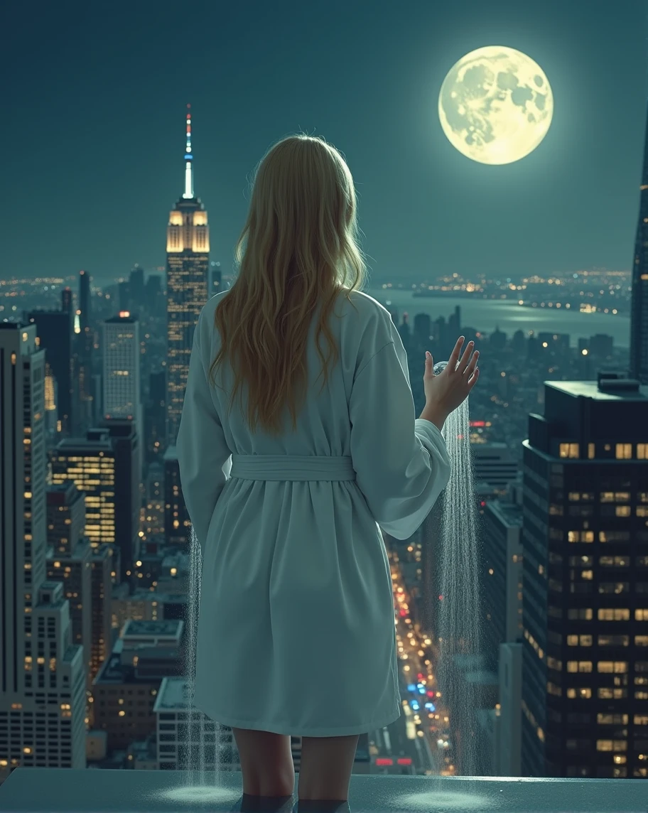 absurdness quality. natural lighting. hyper- realism. Fantastic illustration. Girl in white bathrobe, hair blonde, getting out of the shower, on top of a building with the city of New York, in the nighttime, with the full moon in the background.