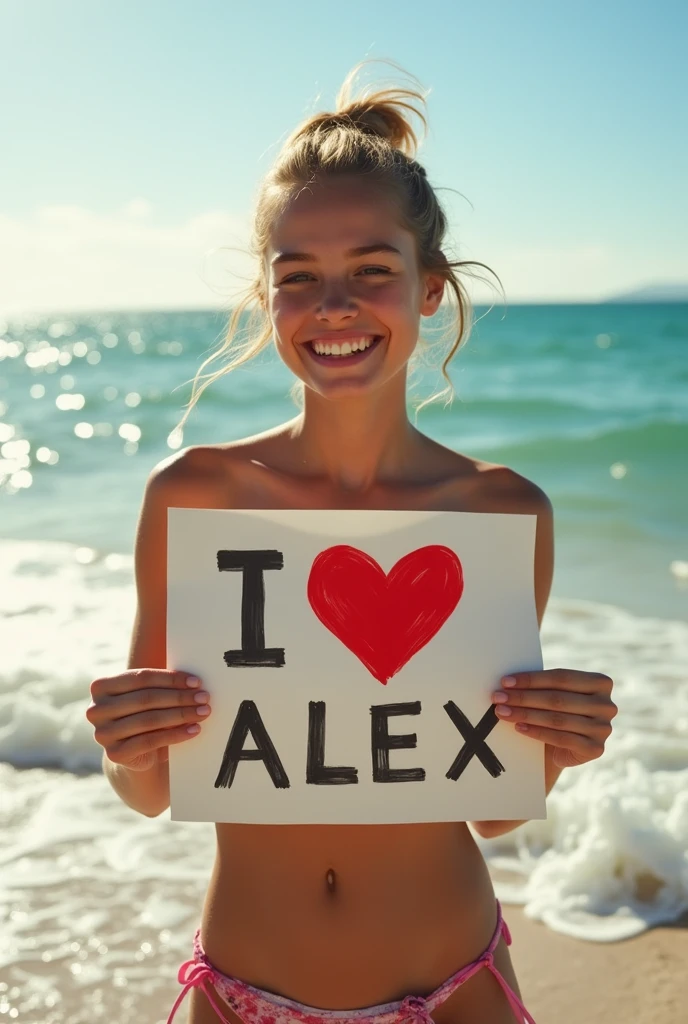 Jill Valentine，A girl holding a sign saying I Love Alex，Standing by the sea，Movie quality pictures，Sunshine，Waves，Beach