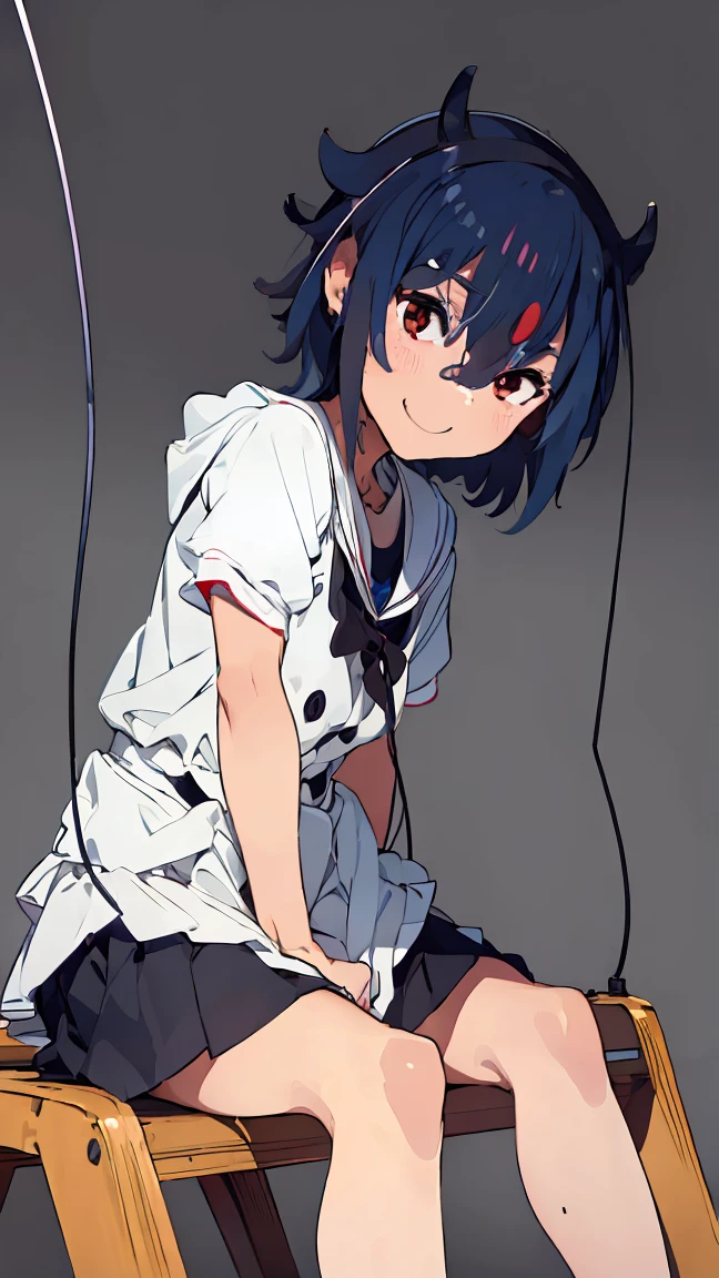 masterpiece, Highest quality, High resolution, Very detailed,(((Mikoto Naruka))), (((Black ground)))、(((electric wire)))、(((smile)))、(((Sitting far away))), (((brm))), , Electric pole, blue sky