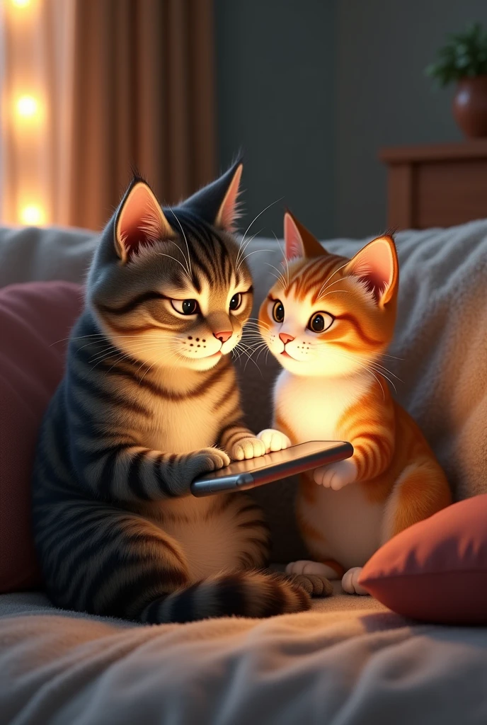 Male cat and female cat waching phone together 