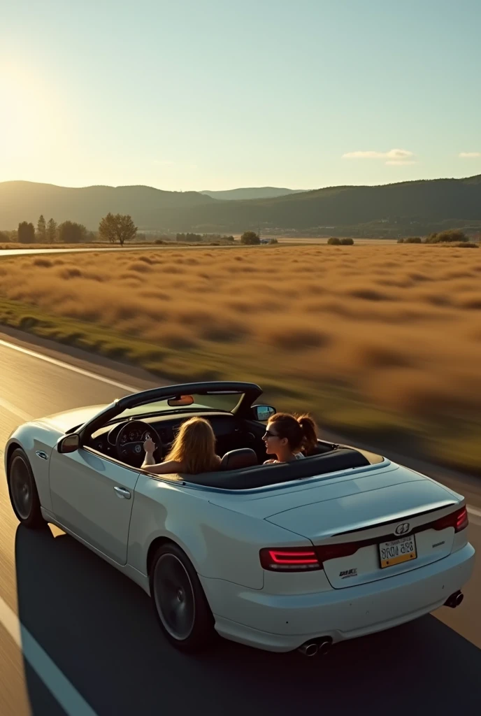 one girl is driving fast along the road in a convertible outside the city field village