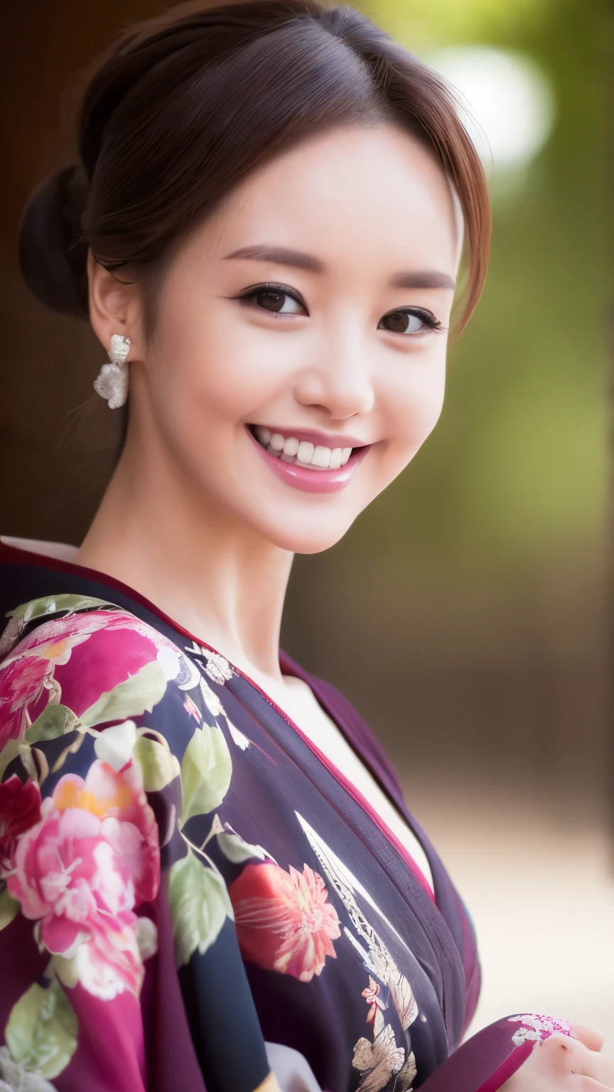 (best quality,highres,ultra-detailed),((portrait )),1beautiful Japanese lady,beautiful detailed eyes,((grin)),beautiful detailed lips,extremely detailed face,longeyelashes,soft smile,flowing hair,natural lighting, wearling japanese elegant Kimono,((Hair up)),((smiling)),