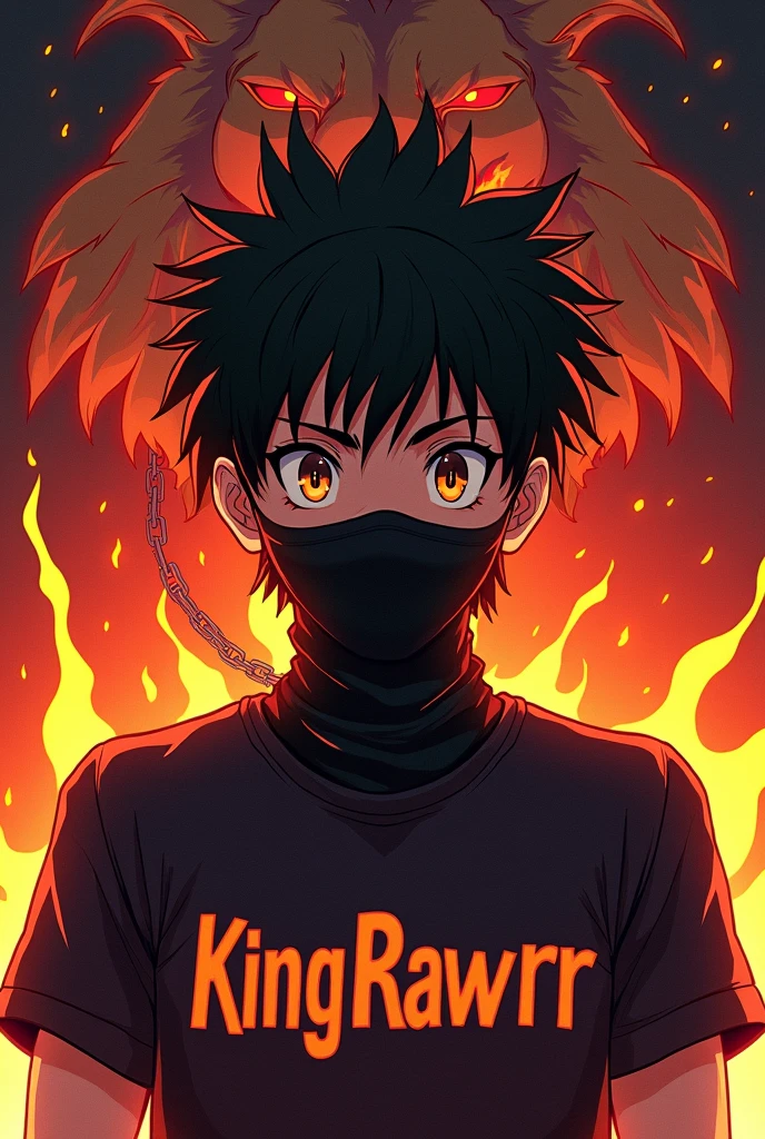 The man model is wearing shirt with name KingRawrr on the shirt, change the face to anime, add flame background. Put mask on the face. Add lion with chain, make face look like Gojo