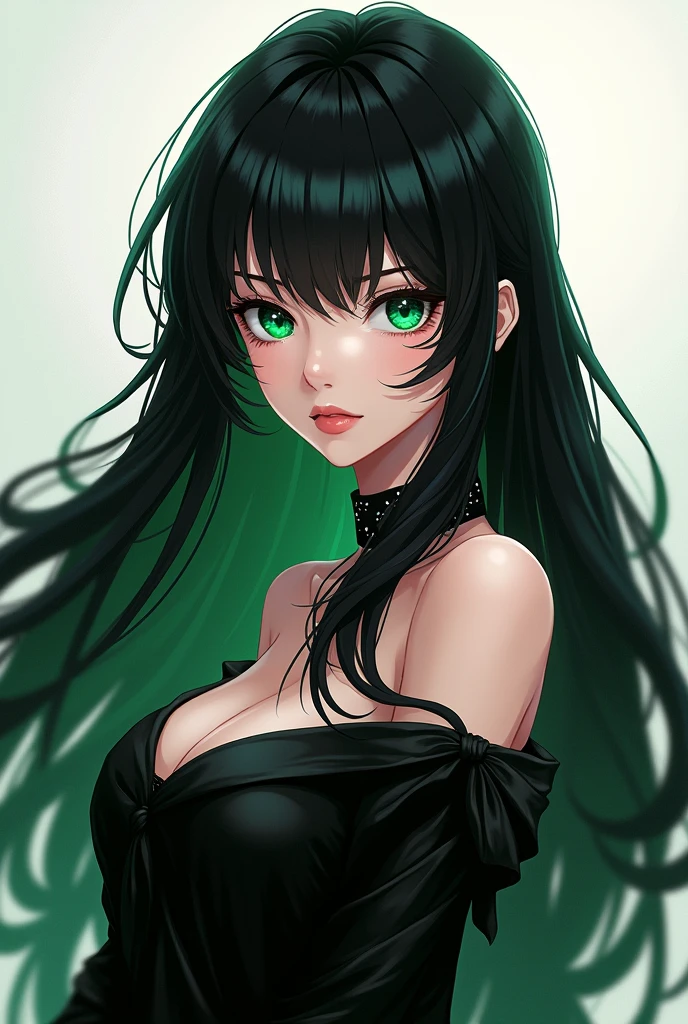Anime girl, vilainess look, green eyes, black hair, long black dress, straight hair, long hair, perfect anatomy, portrait mode