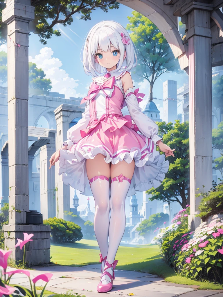 best quality. 4k. 8k. 1girl. a cute girl. white hair. medium hair. magical girl. pink clothes. latex. (looking at viewer). standing. light smile. flower field