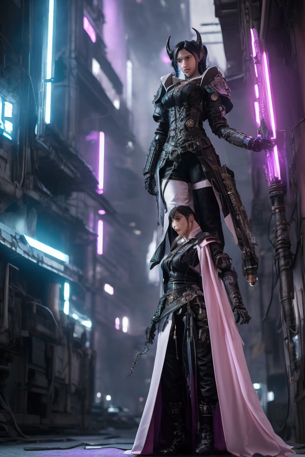 beautiful and scenic photography, full body photo head to toe, woman in a city edge in solution nine area in final fantasy, she's facing us, she's wearing a simple a long robe, flared long sleeves, outfit in black and white, white long hair, with downward horns, background is cyberpunk out of this world, purple, blue, and pink lights, sci fi, mecha, cyberpunk