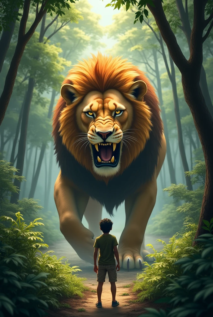 The Real Danger: Describe the moment when the real lion appears in the forest. How does Rajju feel when he sees it? What does the lion look like?