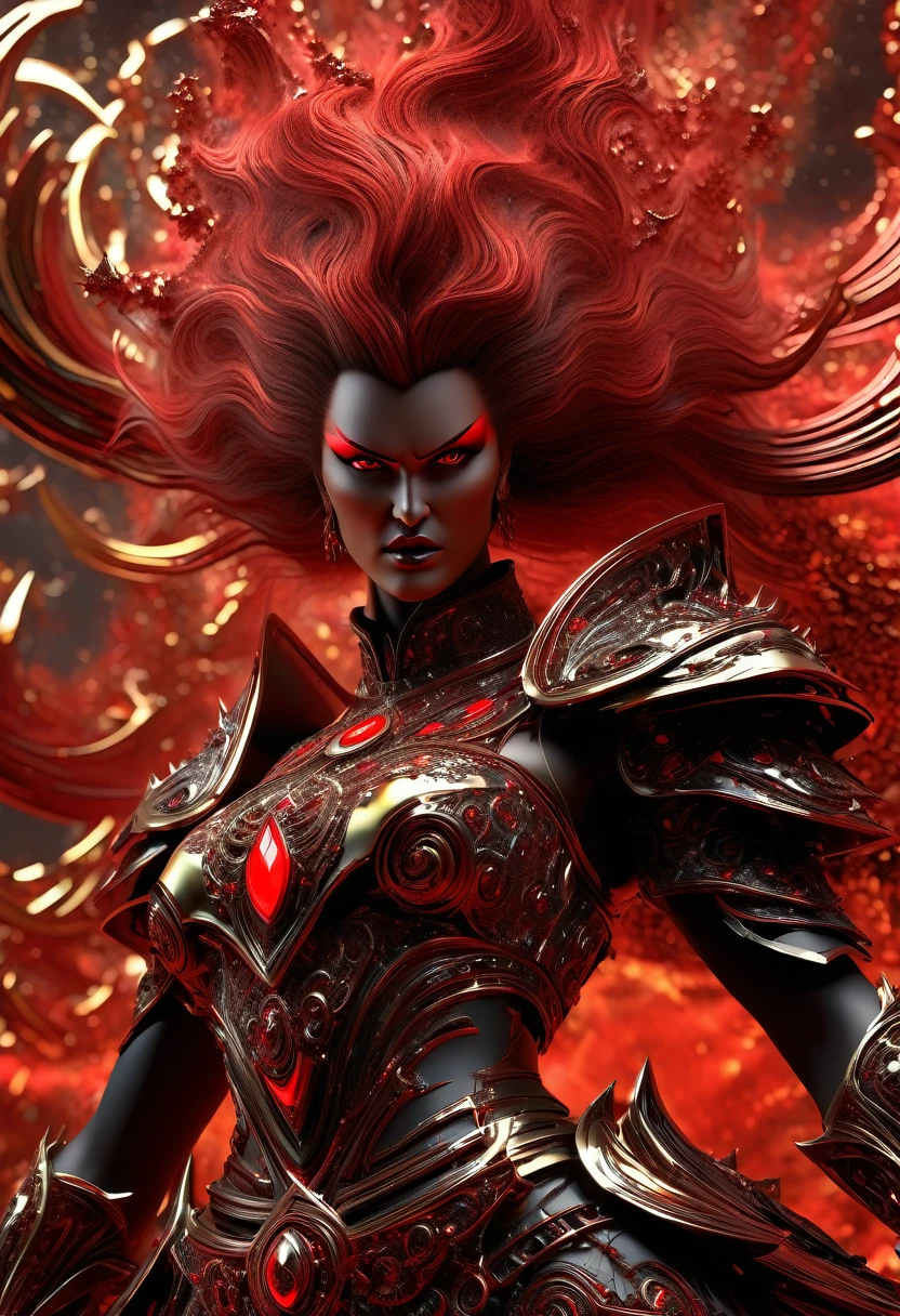 Khorne as a woman,displaying her own power.((conflict, destruction, rage)),((red,black,golden brass)),(( Full figure wiew)). ((Three quarter wiew)).((fractal)),((deep wiew)),warp space scenario background,photographic,ultra high resolution,hyperdetailed, masterpiece, 3d modelling, digital art.