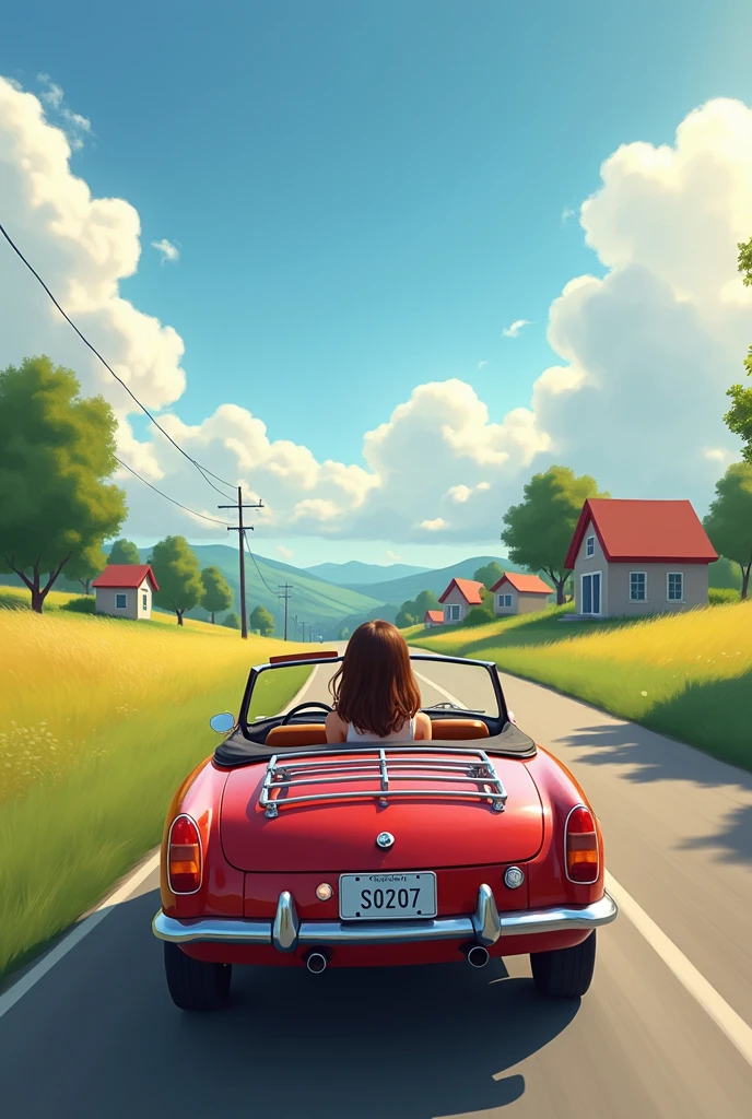 one girl is driving fast along the road in a convertible outside the city field village