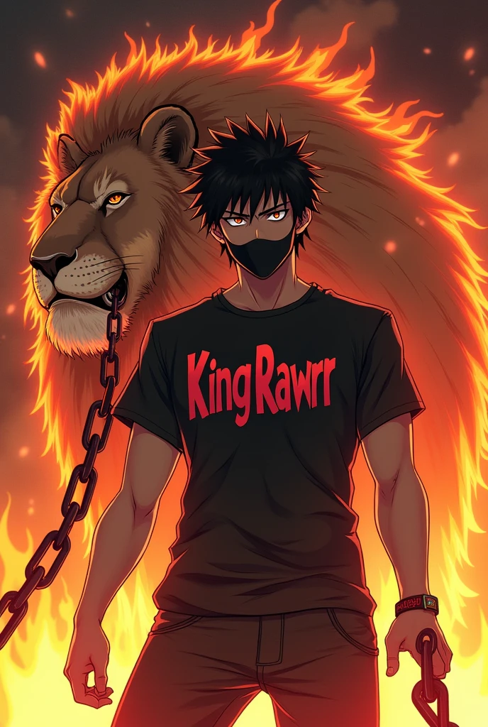 The man model is wearing shirt with name KingRawrr on the shirt, change the face to anime, add flame background. Put mask on the face. Add lion with chain, make face look like Gojo
