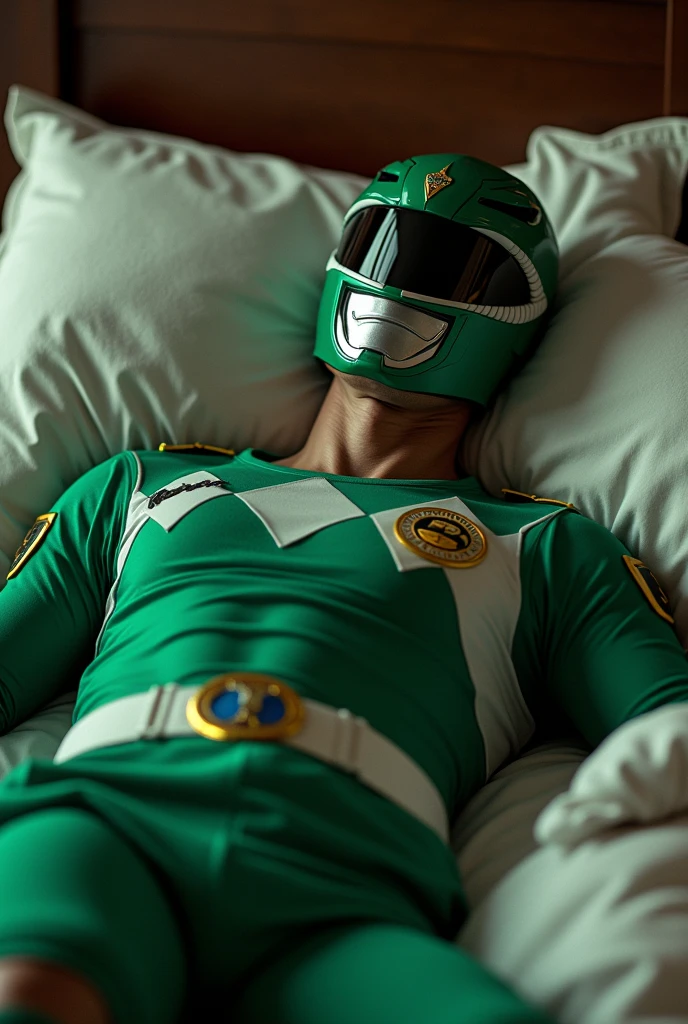 Cr7 traje green ranger mighty morphin tirado en una cama