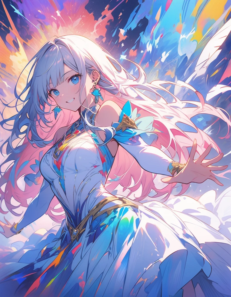 (masterpiece、Highest quality、Highest quality、Official Art、Beautiful and aesthetic:1.2)、(One Girl:1.3)、Silver-haired、Goddess Tribe Warrior、White Armor、Goddess Feathers、Straight Hair、Align your bangs、Very detailed、(Fractal Art:1.5)、(colorful:1.2)、Highest detail、(Tangled:1.2)、(Dynamic Pose、sideline)、(Abstract background:1.5)、(Fantasy Costume:1.2)、(Glowing Skin)、(Many colors:1.2)、(Earrings:1.4)、The background is blue tone、
