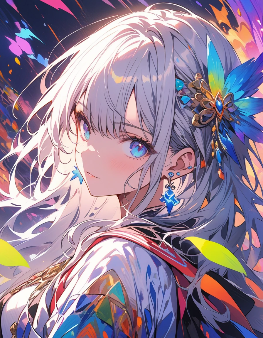 (masterpiece、Highest quality、Highest quality、Official Art、Beautiful and aesthetic:1.2)、(One Girl:1.3)、Silver-haired、Goddess Tribe Warrior、White Armor、Goddess Feathers、Straight Hair、Align your bangs、Very detailed、(Fractal Art:1.5)、(colorful:1.2)、Highest detail、(Tangled:1.2)、(Dynamic Pose、sideline)、(Abstract background:1.5)、(Fantasy Costume:1.2)、(Glowing Skin)、(Many colors:1.2)、(Earrings:1.4)、The background is blue tone、
