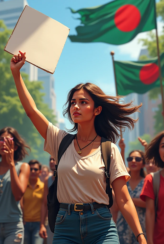 A pretty aggressive Hindu young woman must be a student agitator on the streets of Bangladesh. A white placard will be held by the young woman. The flag of Bangladesh will also be displayed.