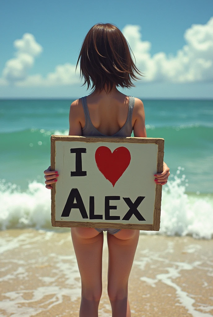 Jill Valentine resident evil，A girl holding a sign saying I Love Alex，Standing by the sea，Movie quality picture，Sunshine，Waves，Beach