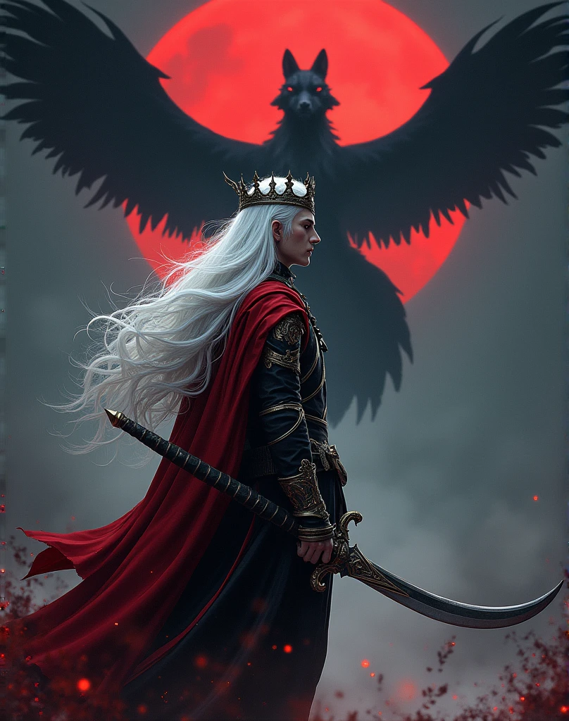 **Cover for a game about a vampire slayer with fantasy art in the style of Kazuki Takamatsu. The illustration has a hyper-detailed, dark atmosphere with a red moon and a black dragon in the sky. A man is facing the right side of the screen, holding a long curved sword. He is wearing all-black medieval made of silk-like white hair. A silver crown is on his head and a giant fox is flying above him.