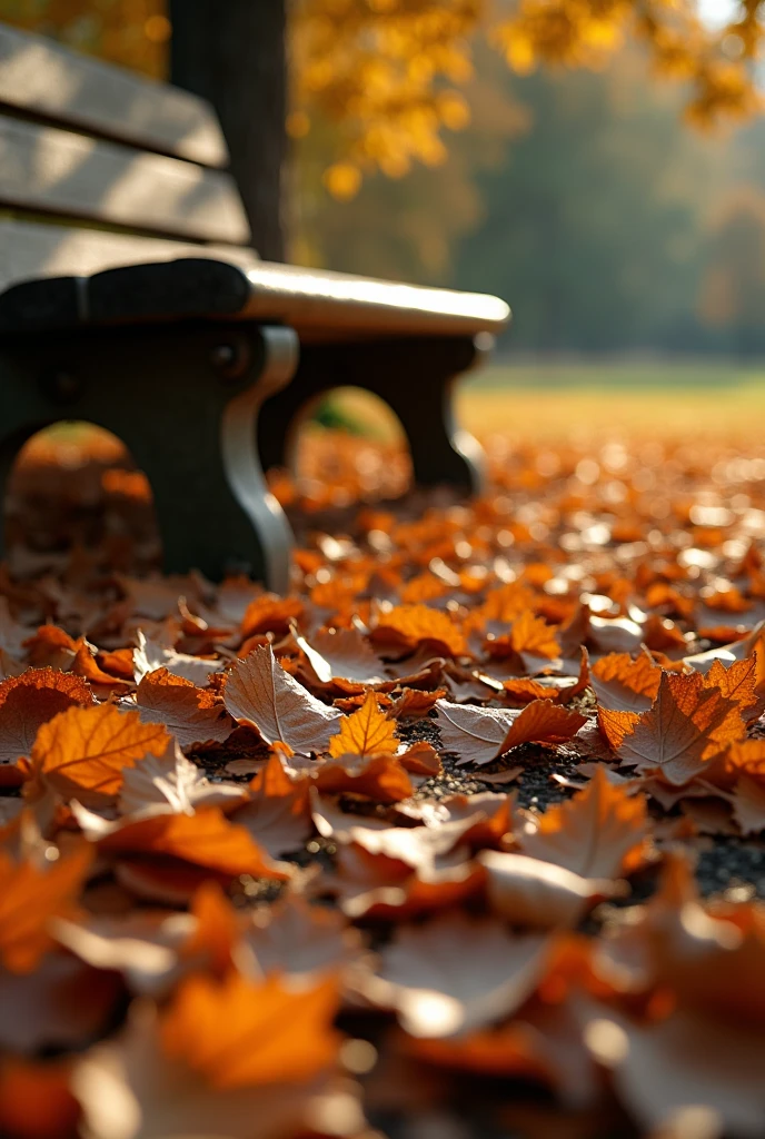 A stunning photo of summer view, a bench with lots of dry brown leaves on the ground, zoom the image from the below on the ground, low lighting, masterpiece, highly-detailed, ultra-sharp.
