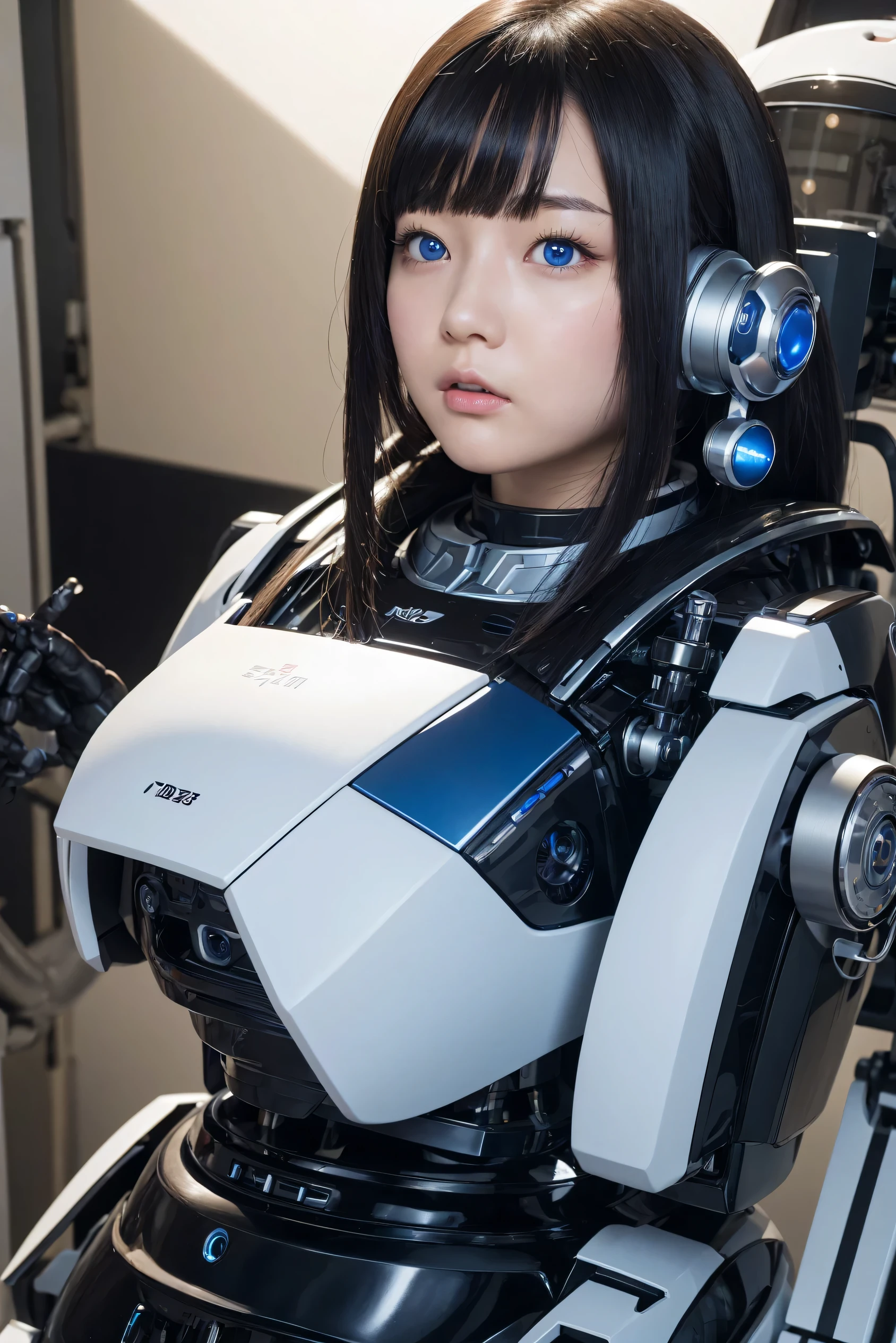 masterpiece, best quality, extremely detailed, Japaese android girl,portrait,Plump,a bit chubby,control panels,android,Droid,Mechanical Hand, Robot arms and legs, Black hair,Blunt bangs,perfect robot girl,long tube,thick cable connected her neck,android,robot,humanoid,cyborg,japanese cyborg girl ,robot-assembly plant,She is assembling now,assembly scene,blue eyes,chest monitor
