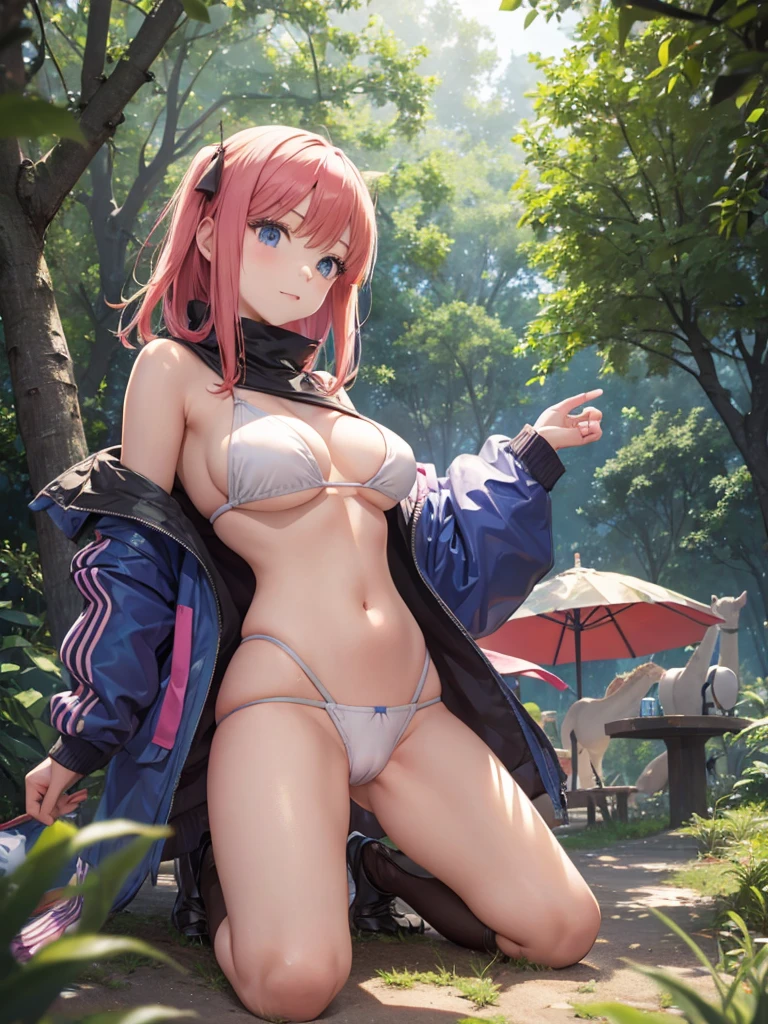 Nino Nakano,pose sexy,futuristic clothing,forest, white light bikini girl, camel toe,