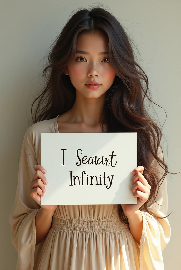 Beautiful girl with wavy long hair, bohemian dress, holding a white board with text "I Love Seaart Infinity" and showing it to the viewer