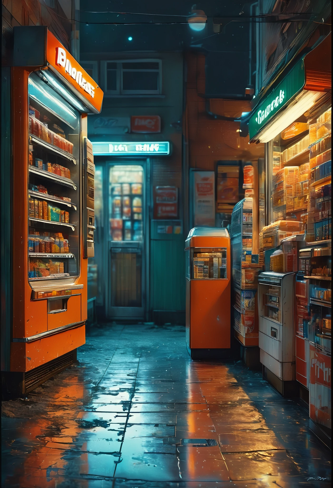 midnight convenience store, best quality, masterpiece, very aesthetic, perfect composition, intricate details, ultra-detailed, by Piotr Jaboński