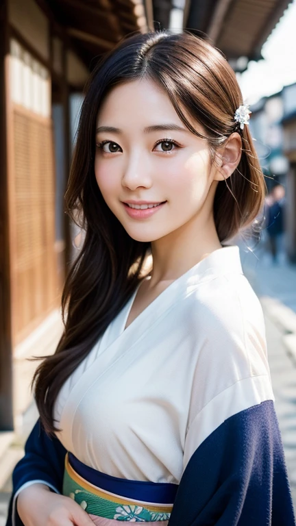 Professional Lighting,(Photorealistic:1.4), (Top image quality:1.0), (超High resolution:1.0), 8k, Raw photography, (masterpiece:0.2), (Facing the children_v1:0.5)、(最高quality Detail:1.2)、Realistic、8k er、High resolution、(1 girl:1.2)、超detailedな、High quality textures、複雑なdetailed、detailed、Very detailed CG、High quality shadows、detailed 美しく繊細な顔、Beautiful details and a delicate eye、(Symmetrical eyes:1.2),Written boundary depth、Ray Tracing,1 girl, Japanese Girls, (Natural smile:1.4),cute, thin, Portrait of a beautiful Japanese woman in a kimono, Standing elegantly on a street corner in Kyoto. 伝統的な柄がwonderful着物です, Hair decorated with elegant and delicate hairpins, Gentle expression. (With the old streets of Kyoto in the background:1.4)、The soft light of a spring afternoon、Adding tranquility to the scene. Rendered in a Realistic style with great attention to detail, High resolutionの画像.Sky Porn, Magic Hour, (Realistic:1.3), finely, quality, (Tabletop:1.2), (Realistic:1.2), (最高quality), (複雑なdetailed), dramatic, Ray Tracing, photograph, +roller, colorful、wonderful、The ultimate beauty,Big Tits
