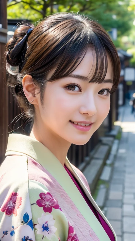 Professional Lighting,(Photorealistic:1.4), (Top image quality:1.0), (超High resolution:1.0), 8k, Raw photography, (masterpiece:0.2), (Facing the children_v1:0.5)、(最高quality Detail:1.2)、Realistic、8k er、High resolution、(1 girl:1.2)、超detailedな、High quality textures、複雑なdetailed、detailed、Very detailed CG、High quality shadows、detailed 美しく繊細な顔、Beautiful details and a delicate eye、(Symmetrical eyes:1.2),Written boundary depth、Ray Tracing,1 girl, Japanese Girls, (Natural smile:1.4),cute, thin, Portrait of a beautiful Japanese woman in a kimono, Standing elegantly on a street corner in Kyoto. 伝統的な柄がwonderful着物です, Hair decorated with elegant and delicate hairpins, Gentle expression. (With the old streets of Kyoto in the background:1.4)、The soft light of a spring afternoon、Adding tranquility to the scene. Rendered in a Realistic style with great attention to detail, High resolutionの画像.Sky Porn, Magic Hour, (Realistic:1.3), finely, quality, (Tabletop:1.2), (Realistic:1.2), (最高quality), (複雑なdetailed), dramatic, Ray Tracing, photograph, +roller, colorful、wonderful、The ultimate beauty,Big Tits