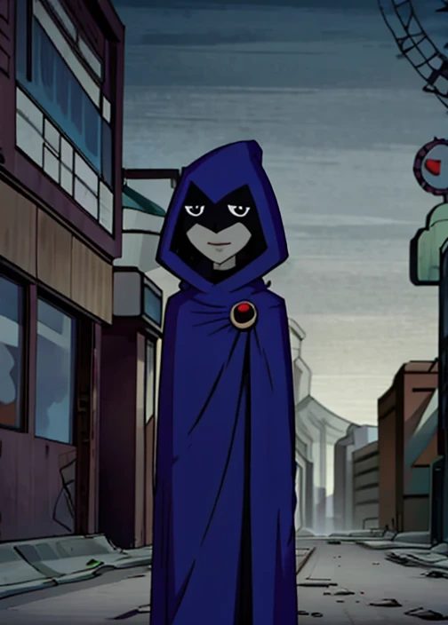white raven, 1girl, solo, short hair, purple hair, hood, cape, colored skin, cloak, grey skin, forehead jewel, room, standing, smile