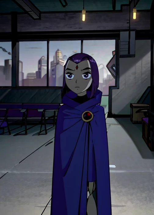 white raven, 1girl, solo, short hair, purple hair, hood, cape, colored skin, cloak, grey skin, forehead jewel, room, standing, smile