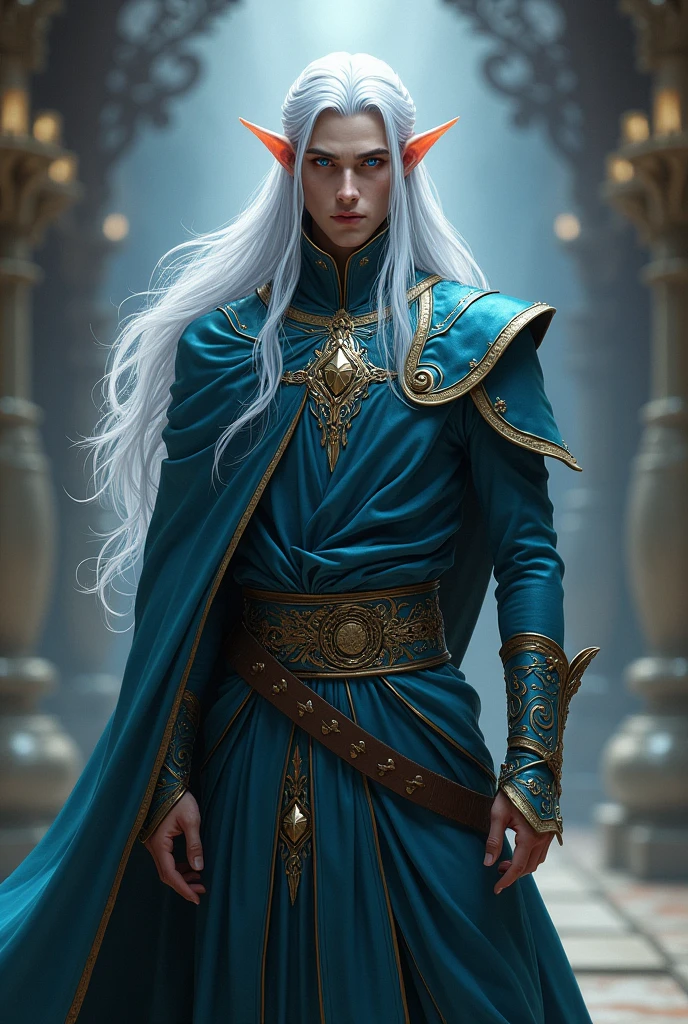 High elf is man amd handsome eyes colour is blue alabaster skin long and silver hair