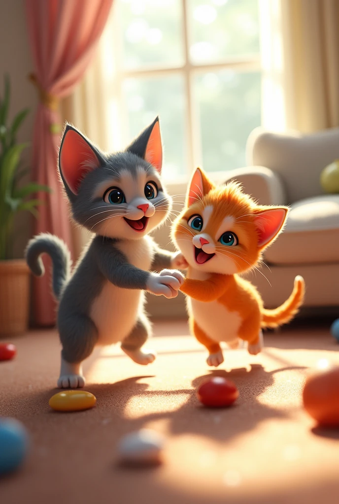 Male cat and female cat playing game together 