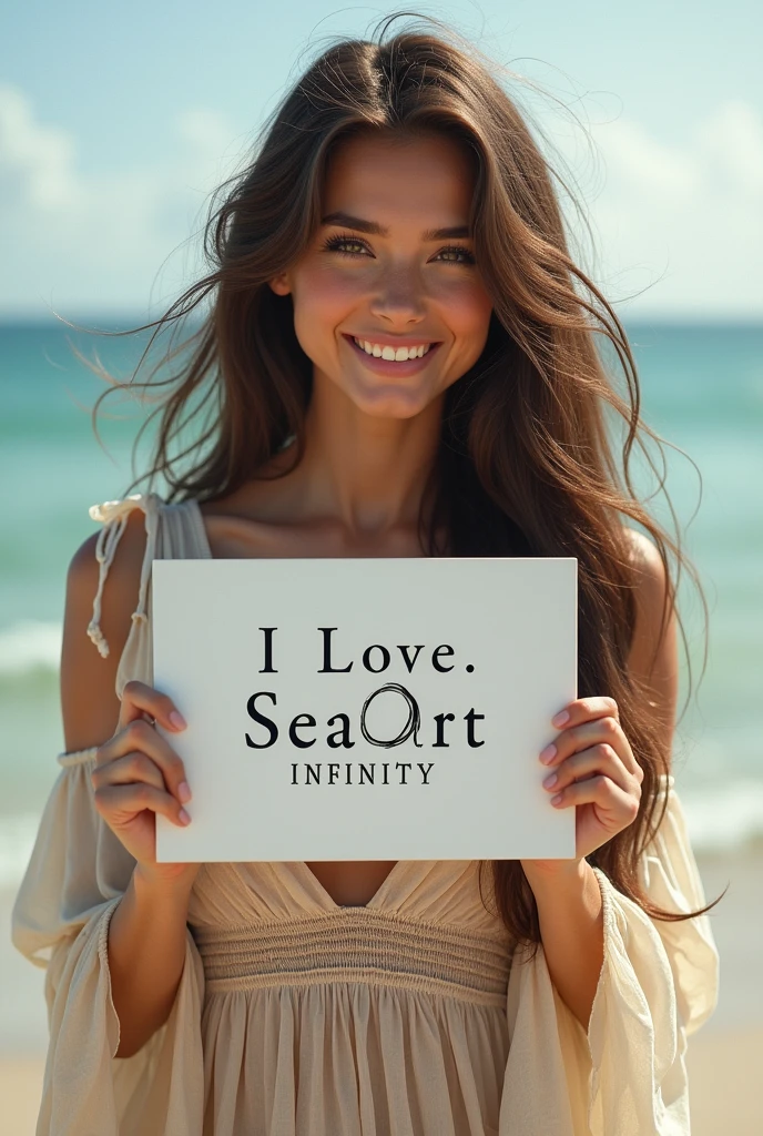 Beautiful girl with wavy long hair, bohemian dress, holding a white board with text "I Love Seaart Infinity" and showing it to the viewer