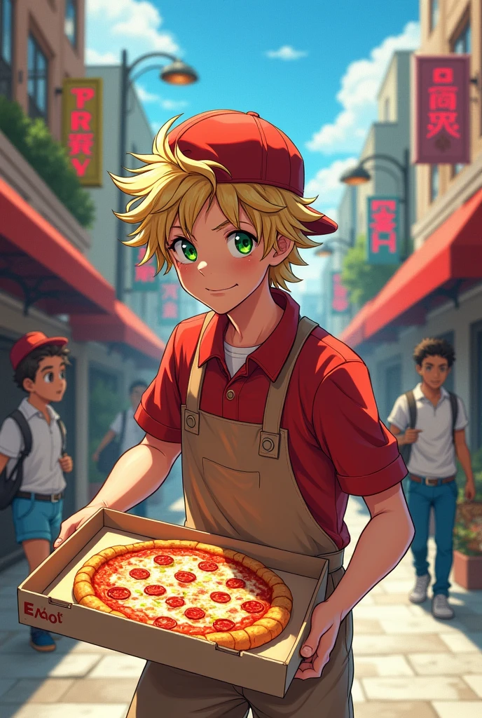 Generate a book cover for a novel. Show a small city sort of scene where a blond seventeen year old guy with green eyes and a bit of messy hair is almost tripping, in a pizza delivery outfit, the pizza box in mid air open enough to show a glance of the pizza inside. Anime style. Masculine