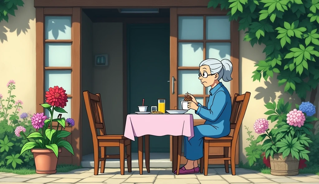 An elderly woman sits at a table in front of her house and eats lunch, surrounded by flowers. The scene is depicted as an animated cartoon in the style of Hayao Miyazaki, with vibrant colors and detailed textures that bring to life both his characters and their surroundings. A beautiful old lady sat on two wooden chairs outside her home eating dinner, surrounded by colorful flowers. She was dressed in blue and had gray hair tied back into loose ponytails. In the Ghibli style