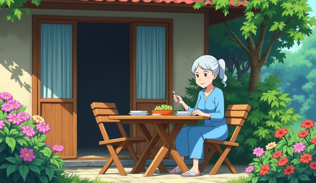 An elderly woman sits at a table in front of her house and eats lunch, surrounded by flowers. The scene is depicted as an animated cartoon in the style of Hayao Miyazaki, with vibrant colors and detailed textures that bring to life both his characters and their surroundings. A beautiful old lady sat on two wooden chairs outside her home eating dinner, surrounded by colorful flowers. She was dressed in blue and had gray hair tied back into loose ponytails. In the Ghibli style