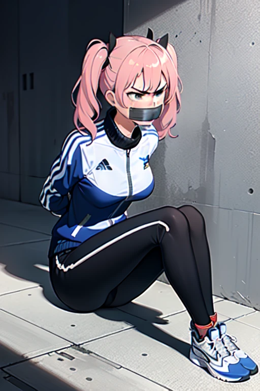 ((1 girl)), ((twin tails)), (sexy),  ((simple_background)), ((concrete floor, concrete wall)), ((underground room)), ((arms behind back)), ((scowl)), ((sitting on the knees)), ((tape gag)),  ((helpless)), ((calm)), ((struggling)), (blue tracksuit,tracksuit,tights pants, long black pants)