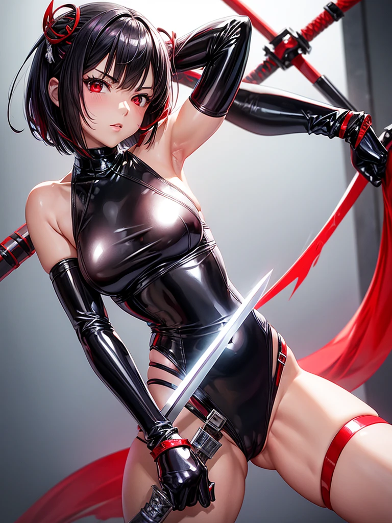 solo girl,Glossy metalic light silver tank top, tight latex shiny, Red interpolation color,Black hair bob,red eyes, camel toe, Samurai Sword,
Lift one leg, sexy lady, โชว์กางเกงใน girl,