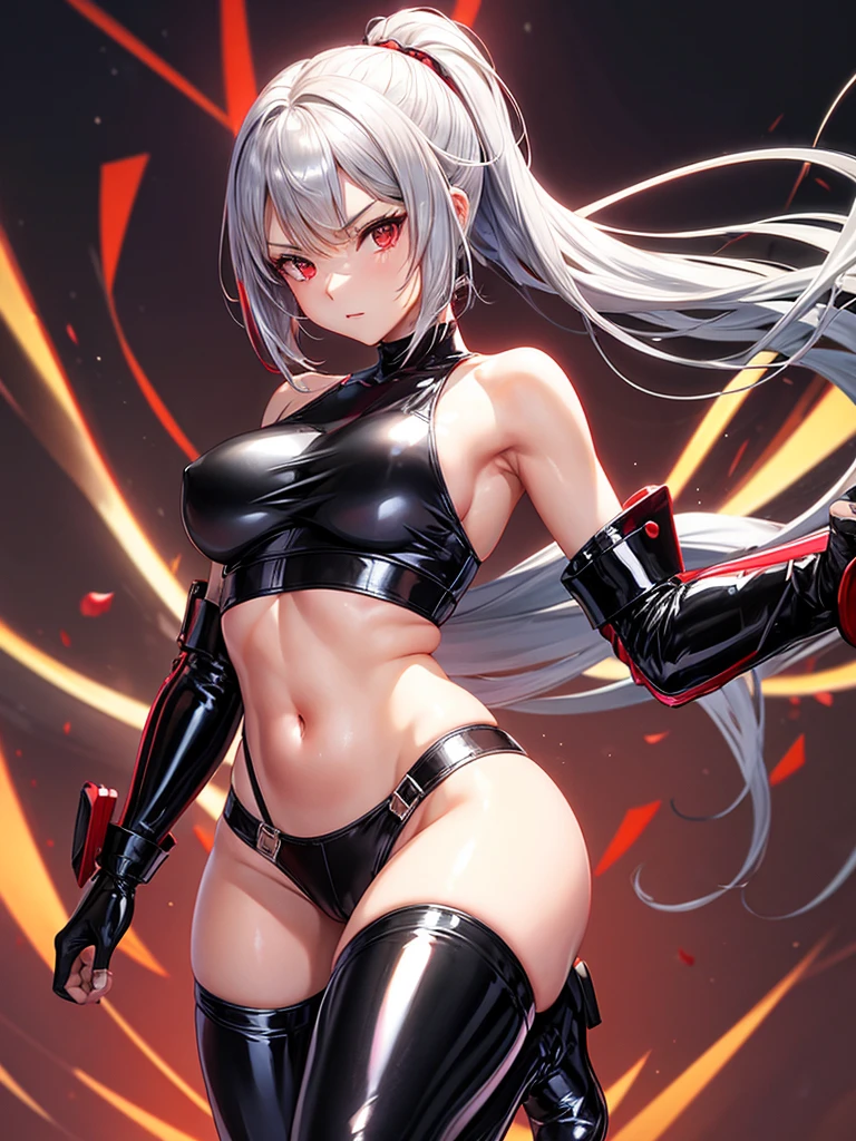 solo girl,Glossy metalic light silver tank top, tight latex shiny, Red interpolation color,Black hair bob,red eyes, camel toe, Samurai Sword,
Lift one leg, sexy lady, โชว์กางเกงใน girl,