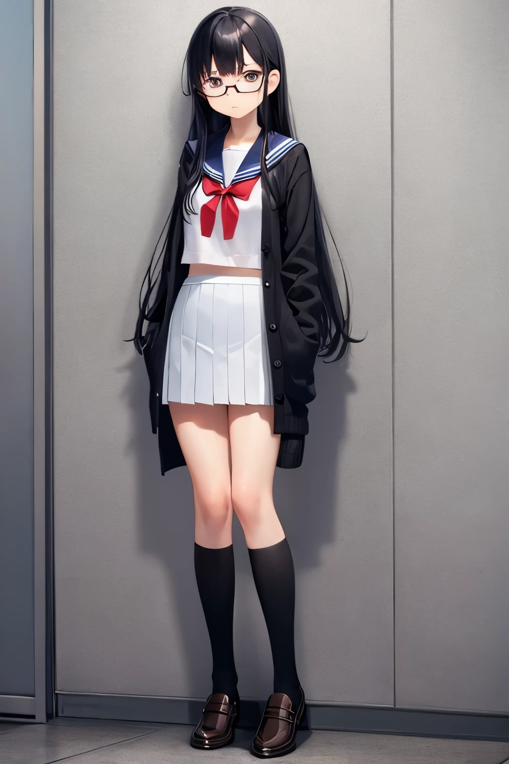 Sailor uniform, high school girl, black cardigan, glasses, black hair, long hair, troubled face, full body, standing picture