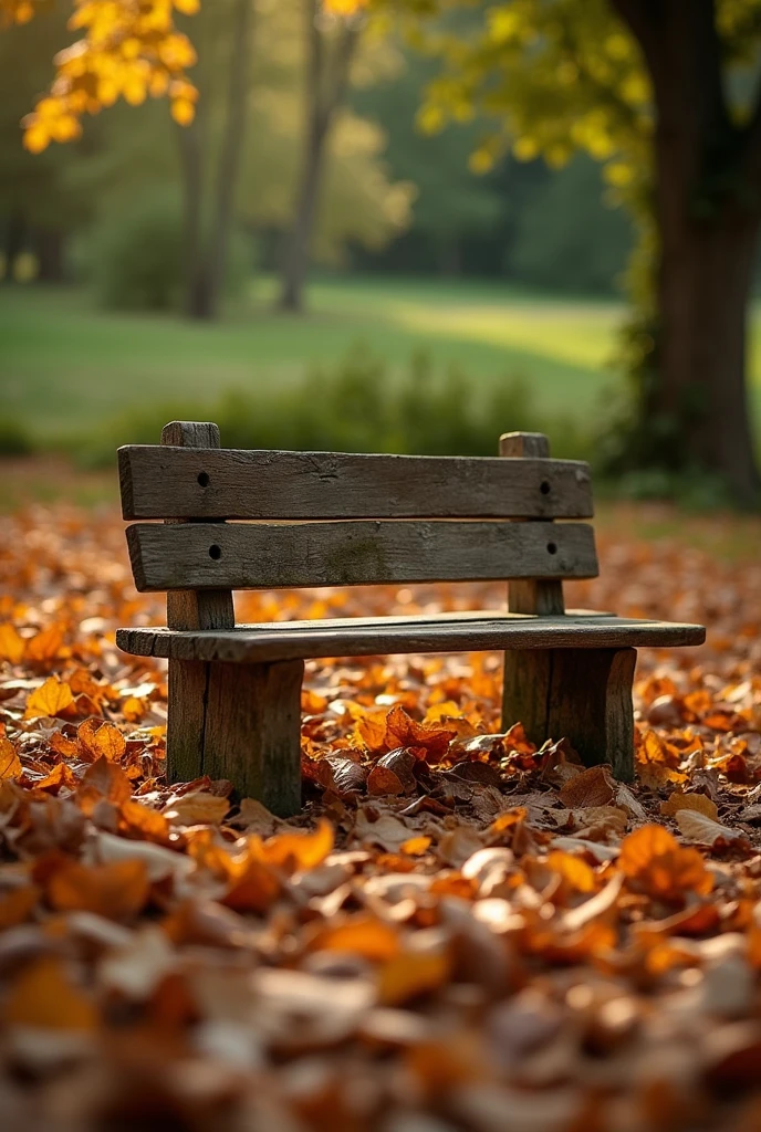 A stunning photo of summer view, a bench  with lots of dry brown leaves on the ground, zoom the image from the below on the ground, low lighting, masterpiece, highly-detailed, ultra-sharp. 