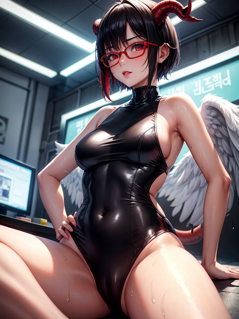 Beautiful girl,Korea, sitting among red light neon,
18 years old,Short hair, shoulder length,black hair, medium breasts,wet, sweat, camel toe, red lips ,Wear glasses,
White underwear, sexy pose,
red eyes, spread your legs, กางเกงใน girl, baby face,
Two horns and a red demon tail, slim, angel wings,