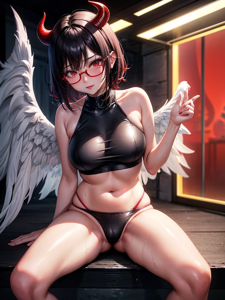 Beautiful girl,Korea, sitting among red light neon,
18 years old,Short hair, shoulder length,black hair, medium breasts,wet, sweat, camel toe, red lips ,Wear glasses,
White underwear, sexy pose,
red eyes, spread your legs, กางเกงใน girl, baby face,
Two horns and a red demon tail, slim, angel wings,