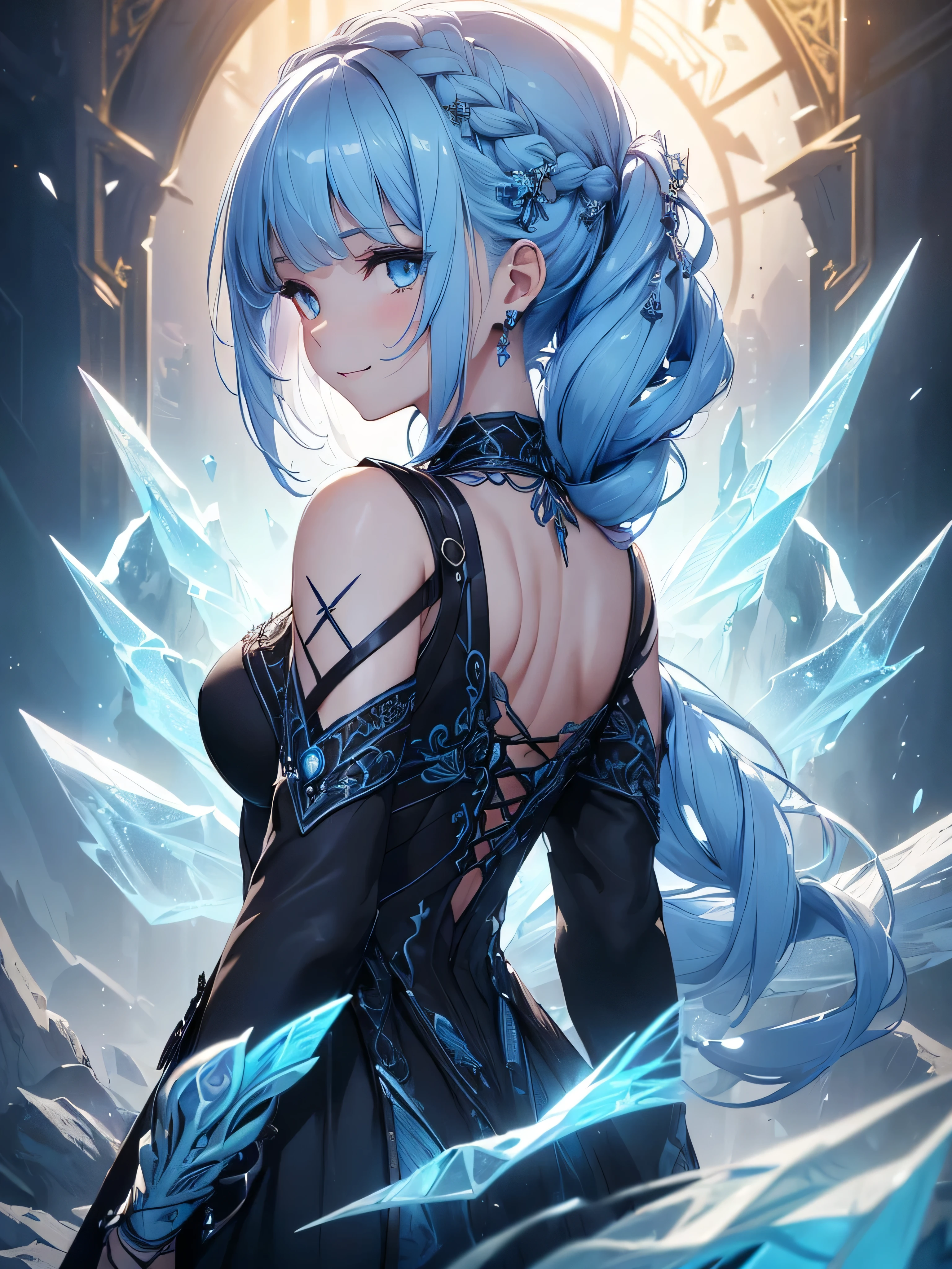 (((best quality, sharp image, clear image, cinematic lighting, 8k resolution, masterpiece, ultra detailed, intricate))) Girl, (((looking over shoulder))),shot from behind, sorcerer, cute, ice blue hair, intricate dress, black dress, braided hair, ribbons in hair, smiling, Ice blue, ((intricate background)), (rune frame), dimension, (ice butterflies)