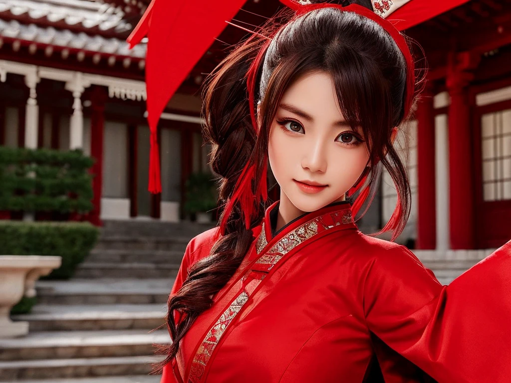 Highest quality　masterpiece　Beautiful female ninja close-up　Red ninja outfit　Photo style　Real　The background is a mansion