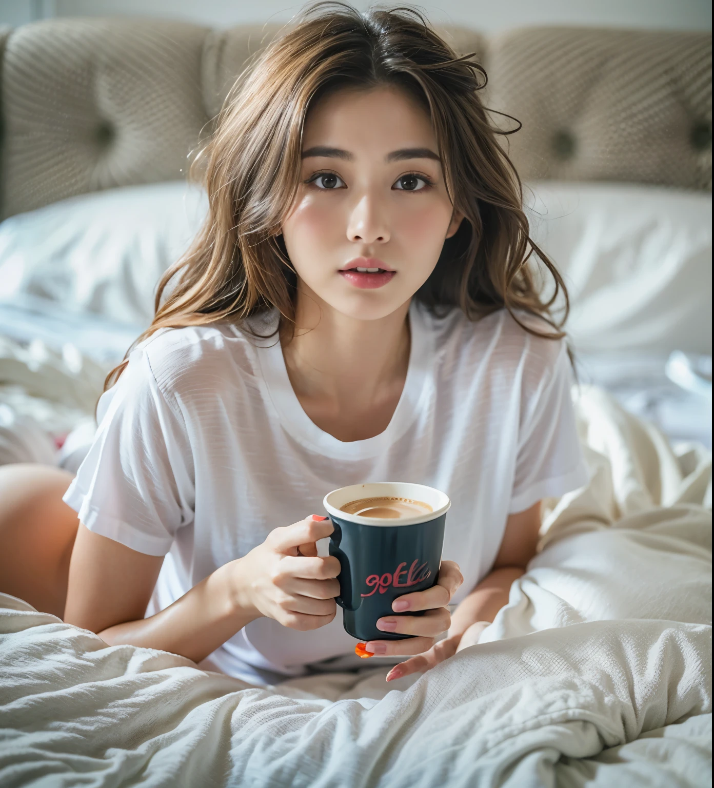 A beautiful sexy young woman , japanese woman , wearing a fit white T-shirt . drink a coffee , on bed.