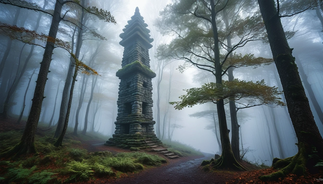 forest, Tall stone structure, in the forest, Thick Fog, Fantasy