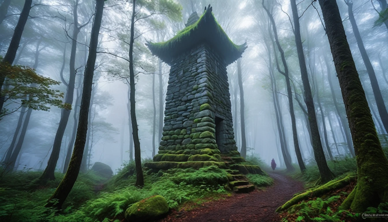 forest, Tall stone structure, in the forest, Thick Fog, Fantasy