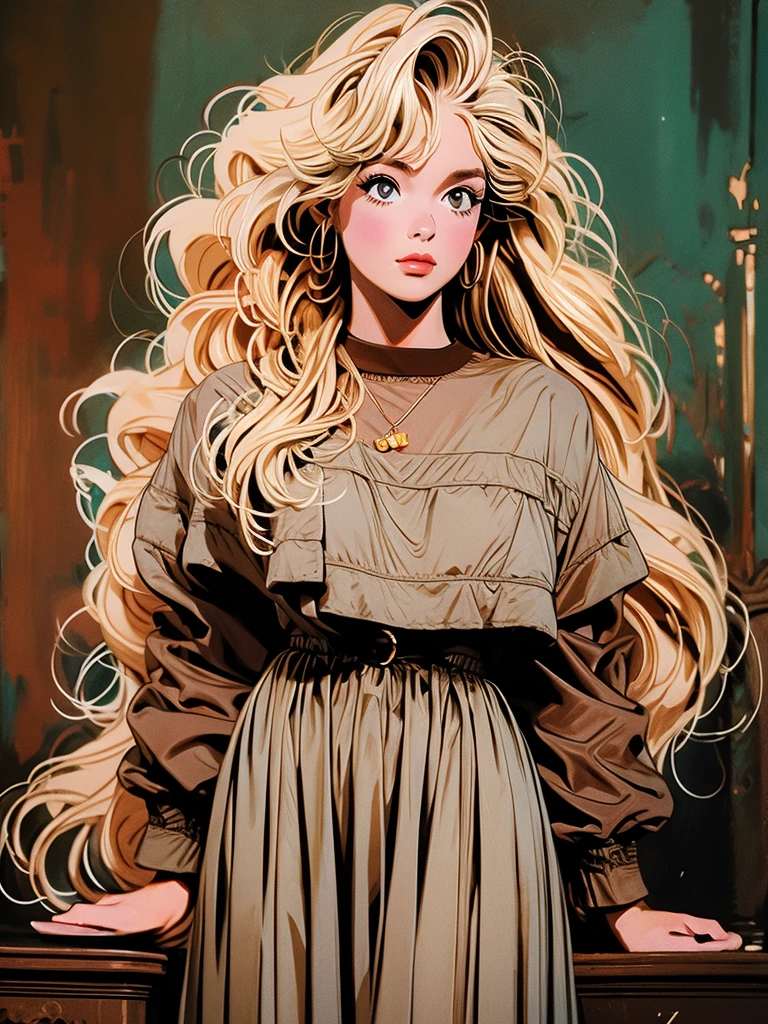 a picture of a woman standing with long blond hair posing over her shoulder, 1girl, long hair, solo, realistic, dress, brown hair