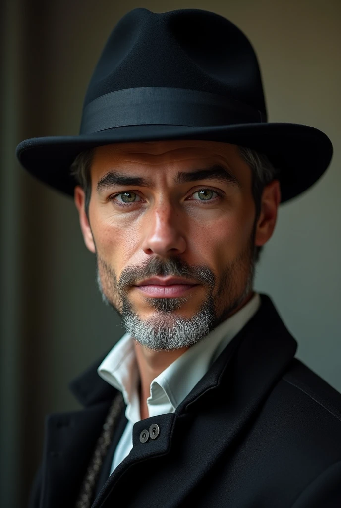 A young man with a black hat and a white beard