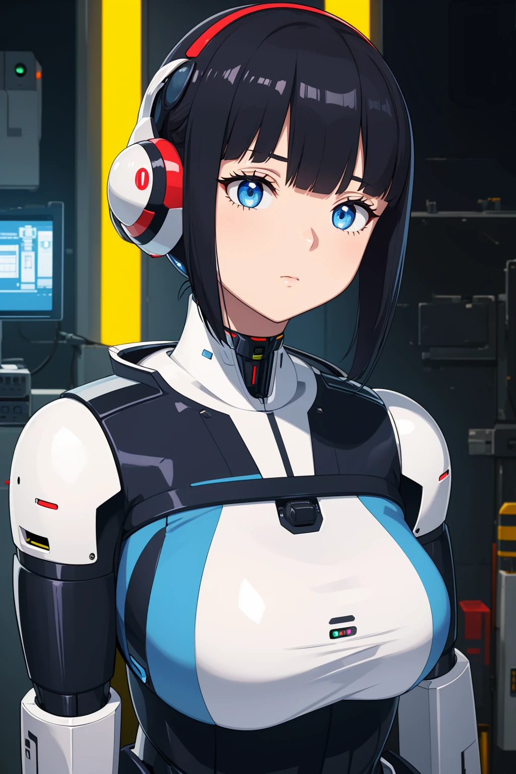 masterpiece, best quality, extremely detailed, Japaese android girl,portrait,Plump,a bit chubby,control panels,android,Droid,Mechanical Hand, Robot arms and legs, Black hair,Blunt bangs,perfect robot girl,long tube,thick cable connected her neck,android,robot,humanoid,cyborg,japanese cyborg girl ,robot-assembly plant,She is assembling now,assembly scene,blue eyes,chest monitor